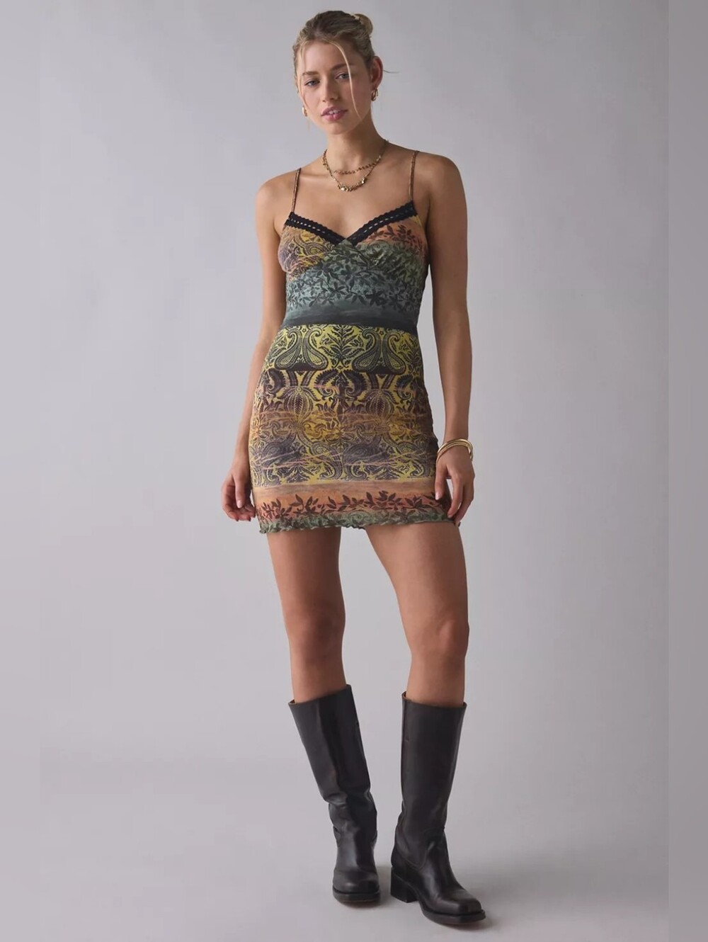 ReMADE By UO Remnants Printed Mesh Lace Trim Mini Dress